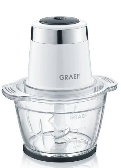 White electric food chopper with glass bowl and GRAEF logo, close-up shot.