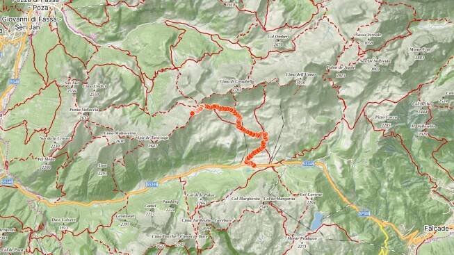 Mapa výletu na Punte del Selle v Dolomitech v Itálii