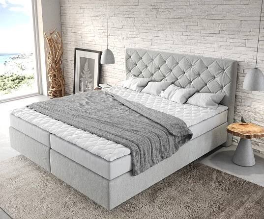 Boxspring postel Dream-Great 180x200 cm mikrovlákno stříbrně šedá s matrací a topperem - DELIFE.cz