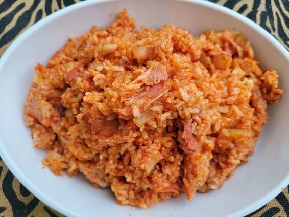 Charleston red rice in a white bowl