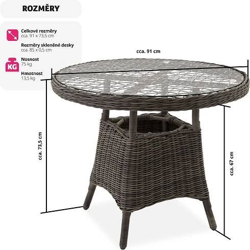 TECTAKE Zahradní stůl, ratanový, se skleněnou deskou 91 cm, šedý