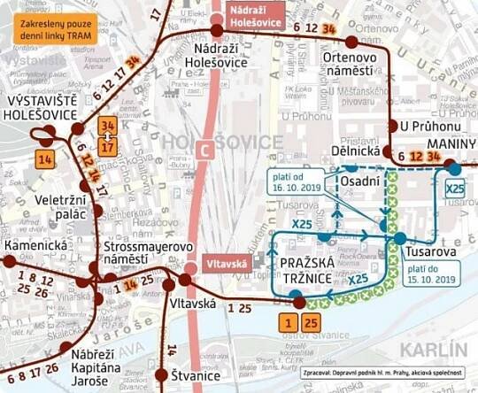 Tramvajová výluka v pražských Holešovicích. Infografika.