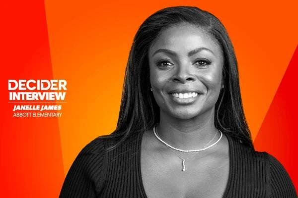 Janelle James in black and white on an orange background