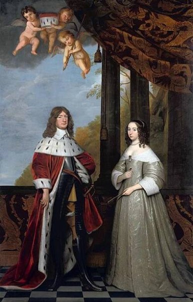 Double-portrait of Frederick William, Elector of Brandenburg (1620-1688) and Luise Henriette, Countess of Nassau (1627-1667) label QS:Len,"Double-portrait of Frederick William, Elector of Brandenburg (1620-1688) and Luise Henriette, Countess of Nassau (1627-1667)" label QS:Lpl,"Portret podwójny Fryderyka Wilhelma elektora Brandemburgii i Luizy Henryki hrabiny Nassau" label QS:Lnl,"Dubbelportret van Frederik Willem I van Brandenburg (1620-1688) en Louise Henriëtte van Oranje-Nassau (1627-1667)" 1647. oil on canvas medium QS:P186,Q296955;P186,Q12321255,P518,Q861259 . 302 × 194.3 cm (118.8 × 76.4 in). Amsterdam, Rijksmuseum Amsterdam.