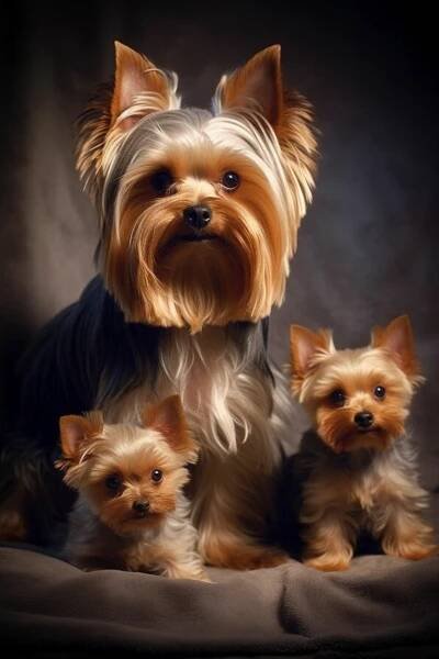three small dogs sitting next to each other