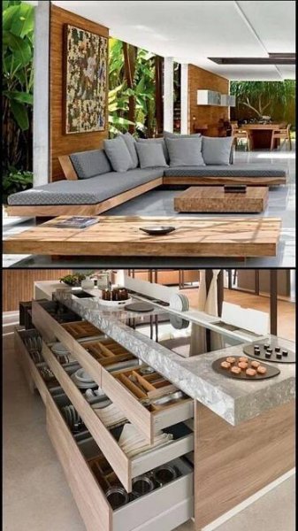 an open cabinet in the middle of a living room filled with lots of furniture and decor