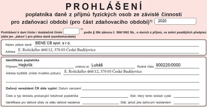 Prohlášení poplatníka daně z příjmů fyzických osob ze závislé činnosti pro rok 2020 | Bene CB