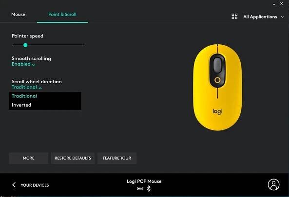 customizing pointer speed and scroll wheel performance for Logitech Pop Mouse in Options app