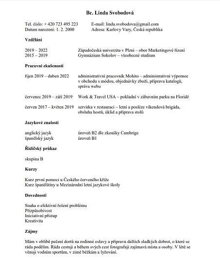 Ukázka CV - životopis