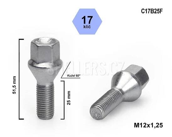 Kolový šroub M12x1,25x25 kužel, klíč 17, C17B25F, výška 51,5 mm - SHELLERS