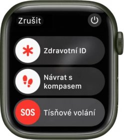 Obrazovka hodinek Apple Watch se třemi jezdci: Zdravotní ID, Návrat a Tísňové volání. Vpravo nahoře je umístěné tlačítko Napájení.