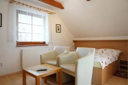 a bedroom with a bed and a chair and a table at Penzion u lázní in Velké Losiny