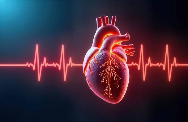 3D anatomical heart illustration with glowing blood vessels. Heart rhythm, pulse highlighted by ECG line.