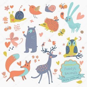 Stáhnout - Kreslený sada roztomilá zvířátka v lese: medvěd, liška, Ježek, králík, šnek, jelen, sova, pták, myš. ročník dětské v vektor. — Ilustrace