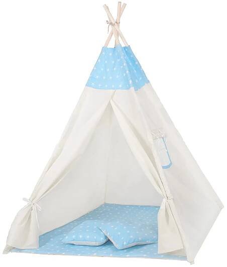 Teepee stan pro děti SPRINGOS Světle modrý s hvězdami