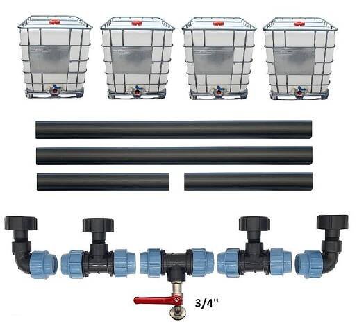MedioBag - Profi propojení: 4 IBC nádrže + 3/4" zahradní kohout M MODRÁ BARVA - Jsme specialisté na Big Bagy, IBC nádrže