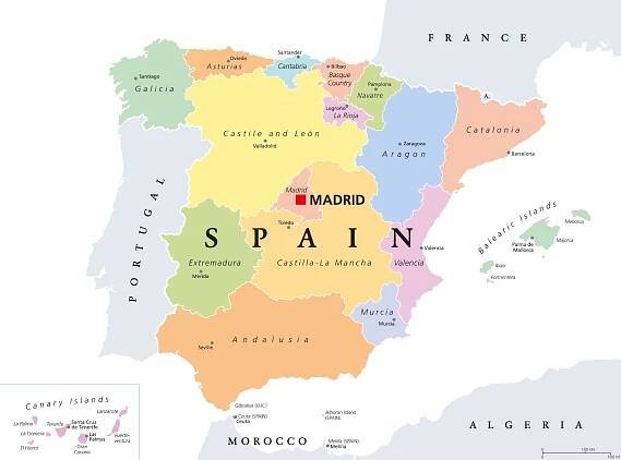 Mapa území ve Španělsku