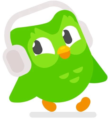 image of Duo the owl walking cheerfully with headphones on