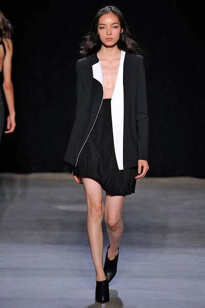  Look 15 Black/white crepe jacket with blush/black kimono silk dress. 
