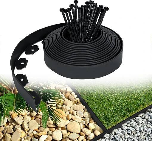 YARDIN Obruba trávníku Plastová flexibilní obruba záhonu s 30 upevňovacími hřebíky pro zahrady, oddělení trávy a kamenů, délka 10 m, černá barva