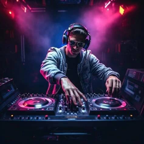 a dj mixing music in front of purple and red lights