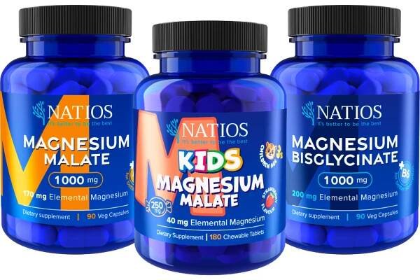 NATIOS Balíček hořčíků pro celou rodinu, Malate + Bisglycinate + Magnesium Kids