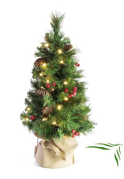 Umělá jedle BUKAREST, se šiškami, jutový pytel, ozdobený, LED diody, 60cm, Ø35cm