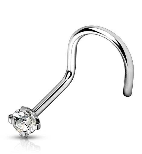 Zahnutý piercing do nosu - titan, čirý kamínek (čirá, 3 mm, 1,0 x 6 mm)