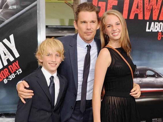 Ethan Hawke and son Roan Thurman-Hawke (L) and sister Maya Thurman-Hawke (R) arrive at the Los Angeles Premiere "Getaway"