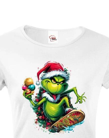 Dámské triko Grinch na skateboardu - skvělé vánoční triko