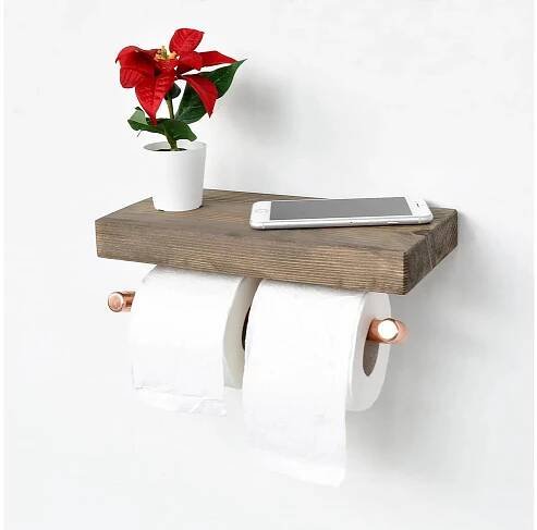 Držák toaletního papíru s policí BORU 12x30 cm smrk/měděná