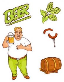 Vektorové kreslené pivo milovník - dospělý muž s velkým pivním břichem drží hrnček zlatého ležáku studené pivo s hustou pěnou, klobása na vidličku, zelené chmelové šišky, listy dřevěné sudy, barel. Iz