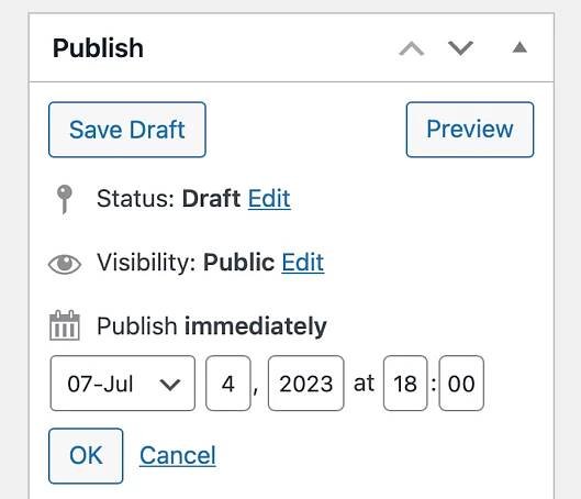 Scheduling a post to publish at a later date in the Classic Editor with SchedulePress installed.