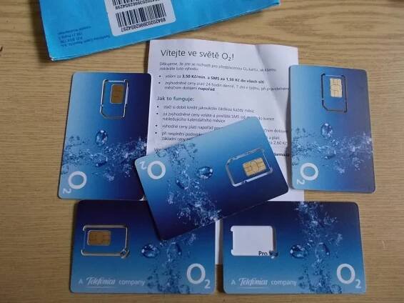 Telefonní karta mobilní kupon SIM O2 sestava nevyužitá i použitá