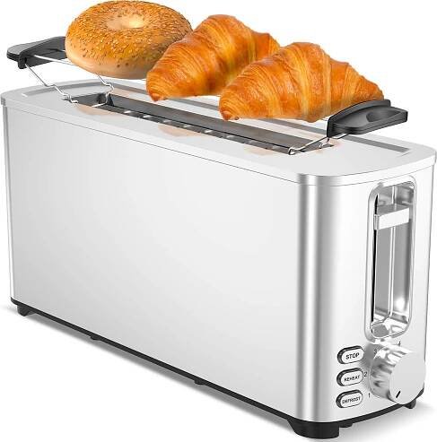 Topinkovač TurboTronic TT-BF14 z nerezové oceli s extra dlouhou štěrbinou na chléb, nástavcem na rohlíky, táckem na drobky, rozmrazováním, ohříváním, stopem - topinkovač s dlouhou štěrbinou