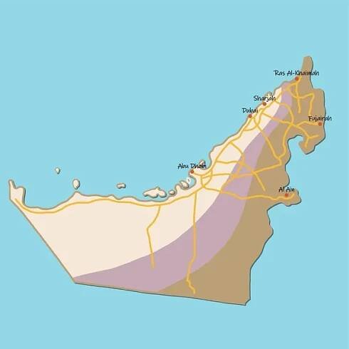 Doodle freehand barevné kreslení Spojené arabské emiráty mapa s významnými městy a dálnice. — Ilustrace