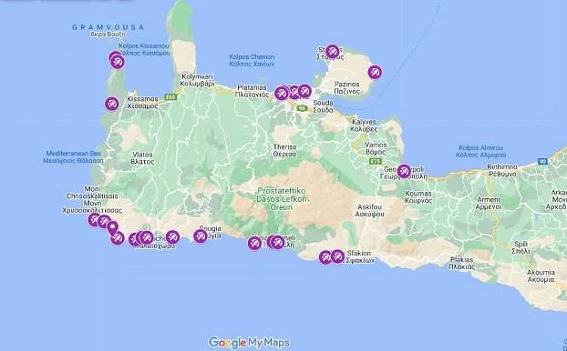 image of a google map showing the location of 30 Chania beaches in Crete, Greece