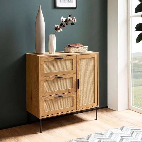 Obrázek produktu pro Komoda 80x82x36 cm předsíňová komoda dub Imitace & ratan, příborník se třemi zásuvkami a dvířky, komoda moderní, stojací příborník komoda | Wohnling