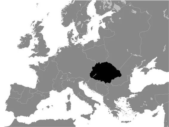 Černá plochá mapa Maďarského království (rok 1097) uvnitř šedé mapy evropského kontinentu — Ilustrace