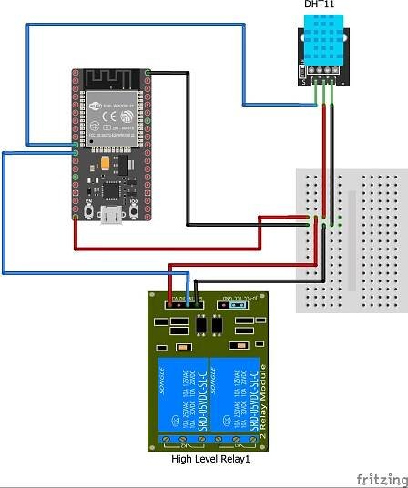 Fritzing diagram of the setup of an ESP32 with a relay and a DHT temperature sensor