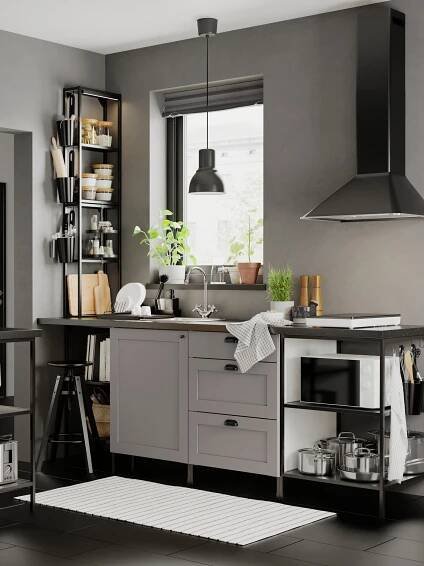 A contemporary kitchen with grey walls and floors with an ENHET kitchen with grey fronts and anthracite/grey frames.