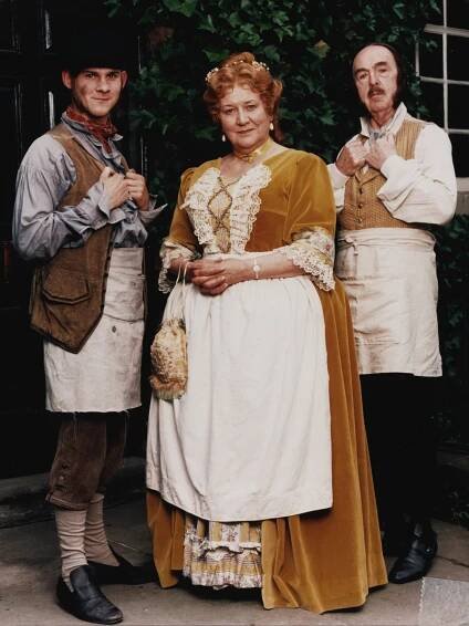 Promotional photo of Patricia Routledge, Derek Benfield, and Dominic Monaghan in period costume for *Hetty Wainthropp Investigates*.