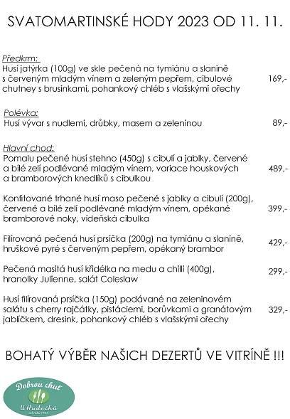 SVATOMARTINSKÉ HODY 2023 U HUDEČKŮ- MENU | Restaurace a pivnice U Hudečků Prostějov