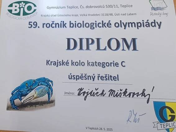 Biologická olympiáda - krajské kolo 2025 - ZŠ A MŠ BŘEZOVÁ - DĚČÍN