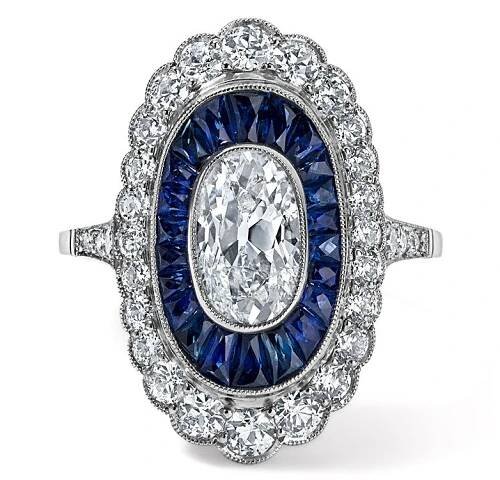Art Deco Diamond and Blue Sapphire Oval Ring