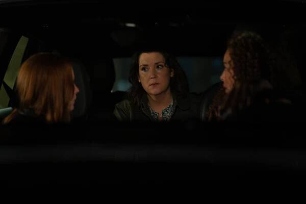 Lauren Ambrose as Van, Melanie Lynskey as Shauna and Tawny Cypress as Taissa on Yellowjackets Season 3 Episode 6, "Thanksgiving (Canada)."