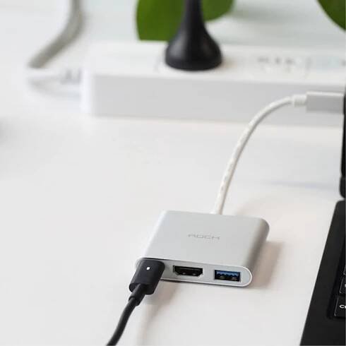 ROCK hliníkový rozbočovač / hub / rozdvojka z USB-C na porty HDMI + USB 3.0 + USB-C pro MacBook