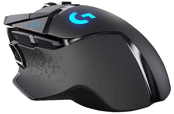 Logitech G502 LIGHTSPEED Wireless Gaming Mouse highlighting its ergonomic design.