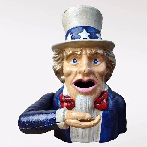 Litinová mechanická kasička na peníze - Pokladnička Americký Uncle Sam - Starožitnosti