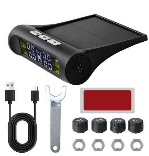 Solární TPMS monitor 10 x 8 x 2,6 cm Systém kontroly tlaku v pneumatikách Externí senzory USB Nabíjení Auto Bezdrátový displej